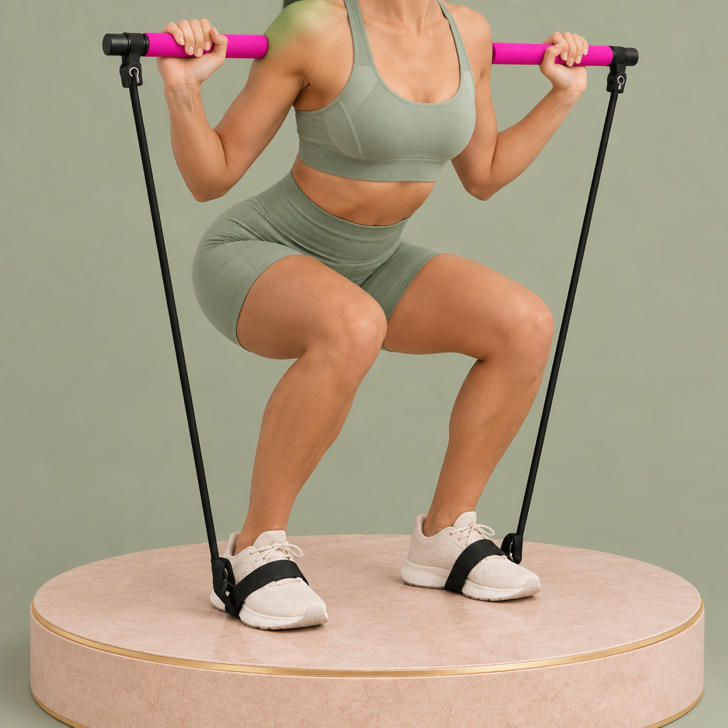 PilatesBar utilisé en squat avec les bandes sous les pieds